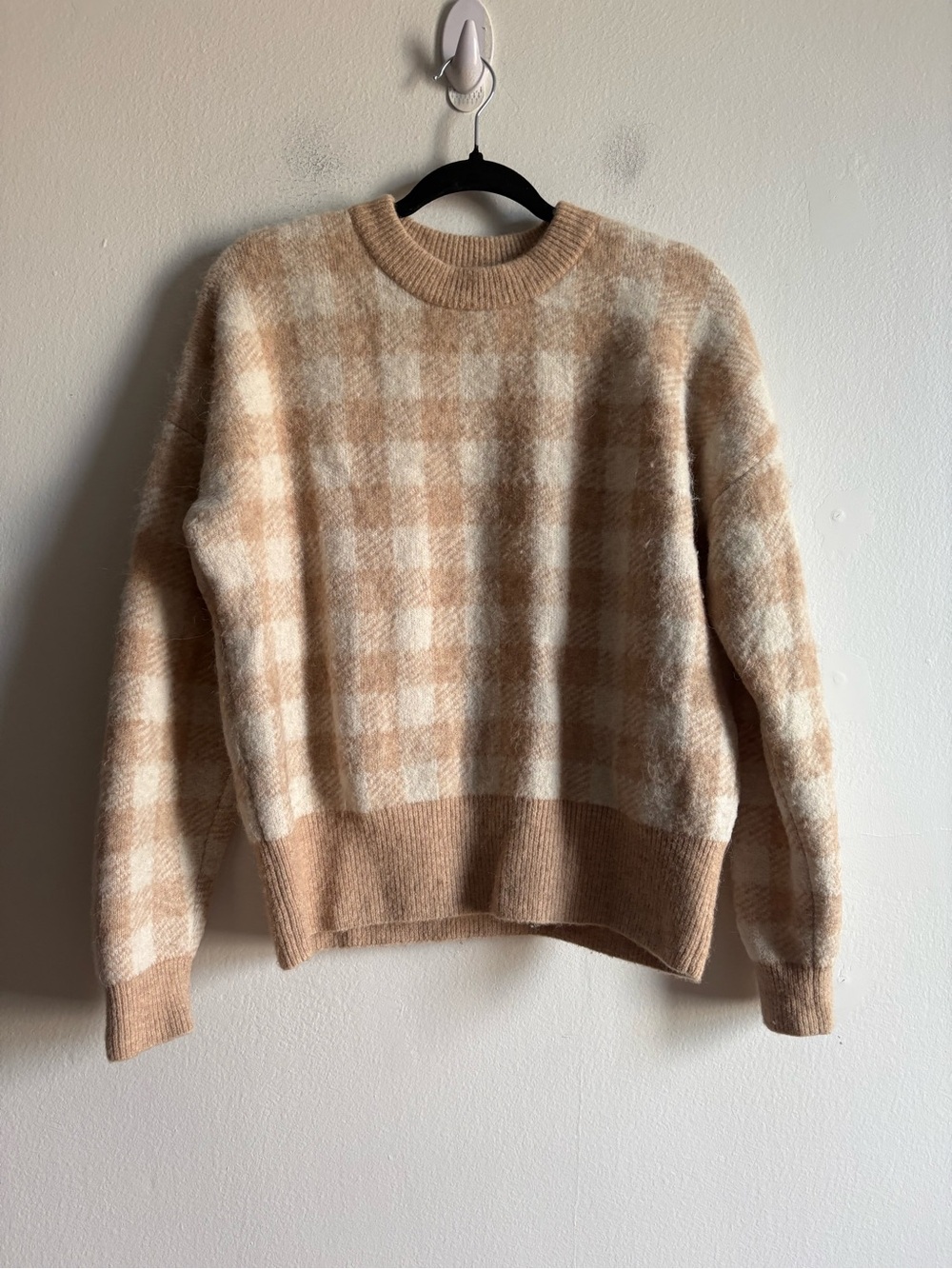 Sezane Sz M Becky Tan Checker Baby Alpaca Blend Relaxed Sweater - Picture 2 of 11